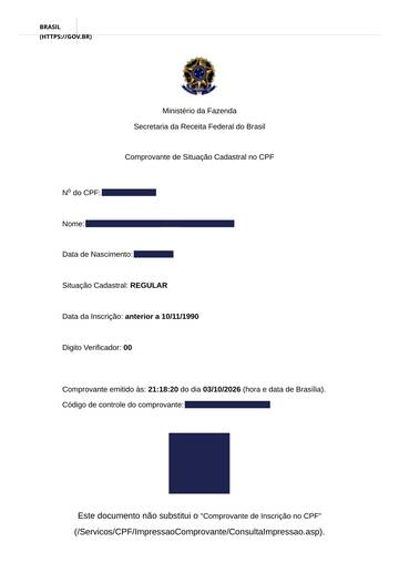 Situação cadastral do CPF — Receita Federal — exemplo real, com os dados pessoais tarjados