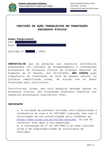 TRT 2ª Região — processos físicos — exemplo real, com os dados pessoais tarjados
