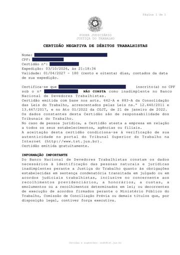 Débitos trabalhistas — CNDT — exemplo real, com os dados pessoais tarjados