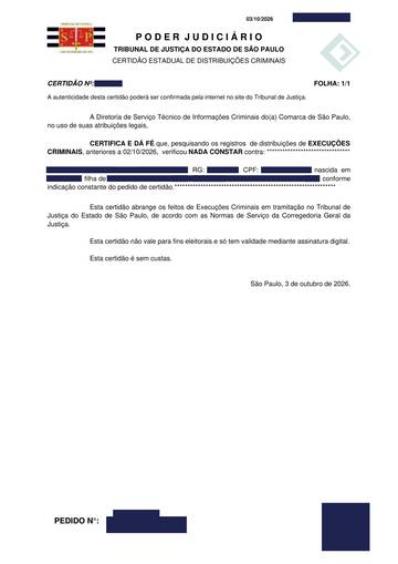 e-SAJ — execução criminal — exemplo real, com os dados pessoais tarjados