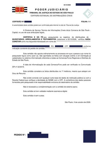 e-SAJ — inventários, arrolamentos e testamentos — exemplo real, com os dados pessoais tarjados