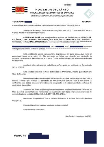 e-SAJ — falências e recuperações judiciais — exemplo real, com os dados pessoais tarjados