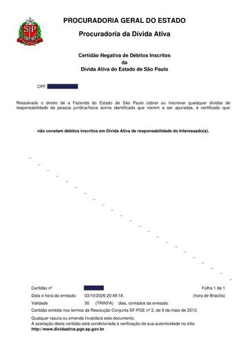 Dívida ativa do Estado (e-CRDA) — exemplo real, com os dados pessoais tarjados