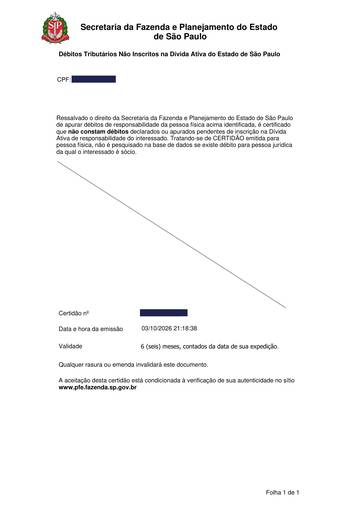 Débitos tributários — SEFAZ-SP — exemplo real, com os dados pessoais tarjados