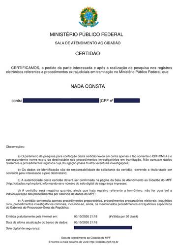 Ministério Público Federal — exemplo real, com os dados pessoais tarjados